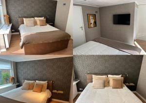 3 fotos de un dormitorio con cama y TV en RESIDENCE LEEUWARDEN en Leeuwarden