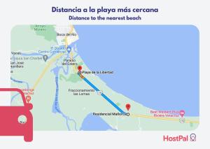 eine Karte der Entfernung zum Puerto a la playa mcestera in der Unterkunft Beautiful Apt Near the Beach in Boca del Río