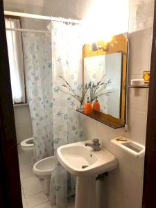ein Badezimmer mit einem Waschbecken, einem WC und einem Spiegel in der Unterkunft 2 bedrooms apartement with city view furnished balcony and wifi at Siena in Siena