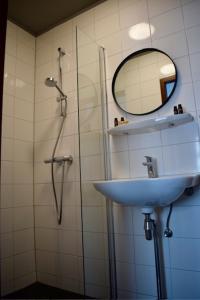 uma casa de banho com um lavatório e um chuveiro com um espelho. em Hotel Restaurant 't Ronde Loegh em Winschoten