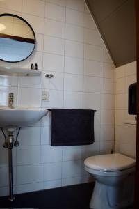 a bathroom with a sink and a toilet and a mirror at Hotel Restaurant 't Ronde Loegh in Winschoten