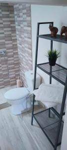 uma casa de banho com um WC e uma prateleira de vidro em Cosy Garden Studio em Messini