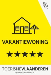 a yellow sign with a house and five stars at Huis Potaerde, stijlvol landhuis nabij Brussel voor 7 personen in Merchtem
