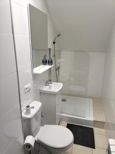 a white bathroom with a toilet and a sink at Pensjonat u Joli in Sandomierz