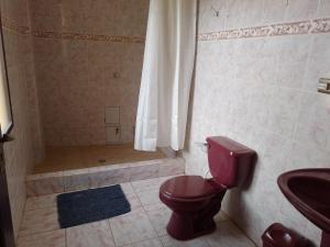 a bathroom with a red toilet and a shower at HoSTAL SANTA BARBARA in Torotoro