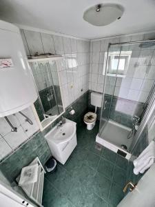 een badkamer met een wastafel, een douche en een toilet bij Apartments Tudor Nikola in Hvar