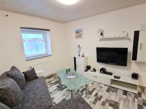 sala de estar con sofá y TV en AMW Ferienwohnungen, en Legau