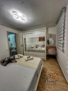 a bedroom with a bed and a large mirror at Princ house in Leskovac