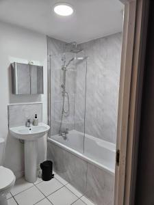 a bathroom with a shower and a toilet and a sink at Skyview retreat in Derry Londonderry