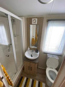 ein Bad mit einem WC, einem Waschbecken und einer Dusche in der Unterkunft Lakeside Escape Modern 2 Bedroom Holiday Home in Overstone