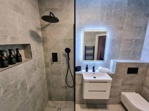 La salle de bains est pourvue d'une douche, d'un lavabo et d'un miroir. dans l'établissement Free Parking Stunning City Centre Flat, à Manchester