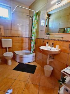 La salle de bains est pourvue de toilettes et d'un lavabo. dans l'établissement Beach apartment Roza Biograd oneroom+, à Biograd na Moru