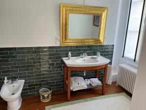 een badkamer met een wastafel, een spiegel en een toilet bij Chateau de Saint Aubin in Thiberville