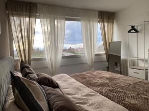 a bedroom with a large bed and a large window at Ferienwohnung Rheinblick in Kehl am Rhein