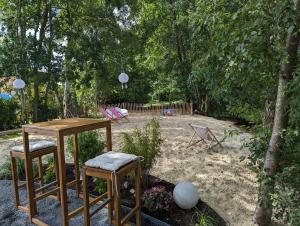 a wooden table and two chairs in a garden at Tiny House Daniel in Papenburg