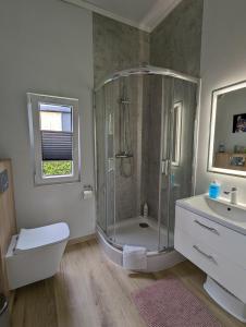 a bathroom with a shower and a toilet and a sink at Tiny House Daniel in Papenburg