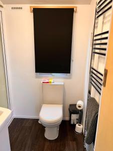 a bathroom with a toilet and a large window at Northumberland Caravan Holiday in Cresswell
