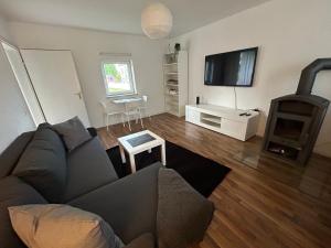 a living room with a couch and a flat screen tv at Am Fuldaufer in Kassel