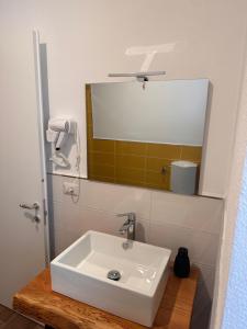 a bathroom with a white sink and a mirror at La Briga in Piaggia