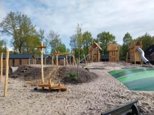 un parque infantil con juegos de madera y una piscina en Chalet Mariënberg, en Mariënberg