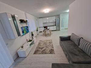 a living room with a couch and a table at Blue apartaments in Cluj-Napoca