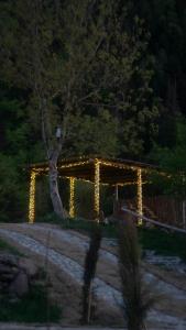 Una pérgola con luces en un patio por la noche en Landhaus Borjomi en Borjomi