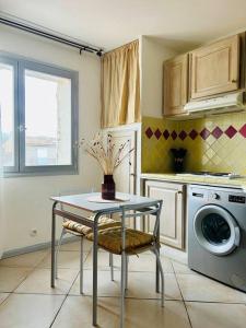 a kitchen with a table and a washing machine at Le Studio Cosy *Place du village in Les Salles-sur-Verdon