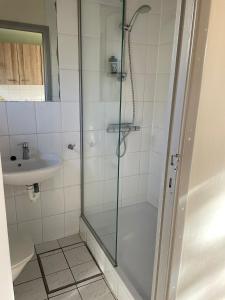 a bathroom with a shower and a sink at Mooie bungalow in de prachtige natuur in Hastière-par-delà