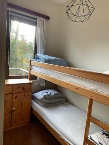 Ce dortoir comprend 2 lits superposés et une fenêtre. dans l'établissement Mooie bungalow in de prachtige natuur, à Hastière-par-delà