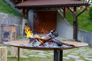 a fire pit in a yard with flames at Bomas house in Cerkno