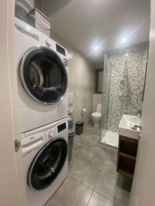 eine Waschmaschine und einen Trockner im Bad mit Dusche in der Unterkunft Brand New 2 Bedroom Apartment in Tal-Pietà