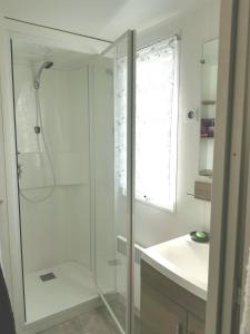 La salle de bains est pourvue d'une douche et d'un lavabo. dans l'établissement Camping, à Litteau