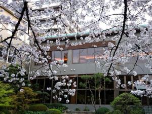 un edificio con flores blancas delante de él en Suikoyen Hotel - Vacation STAY 46436v, en Kurume