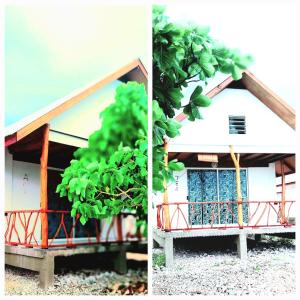 two pictures of a house with a balcony at Vaimoe Lodge in Tiputa