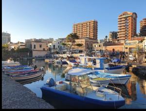 a group of boats are docked in a harbor at Suite Vico li cuti in Catania