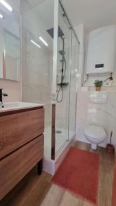 een badkamer met een douche, een toilet en een wastafel bij Chez K&D StudioTerra in Saint-Raphaël