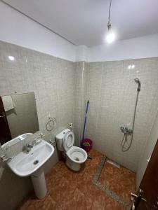 y baño con aseo, lavabo y ducha. en appartement spacieux en Deroua