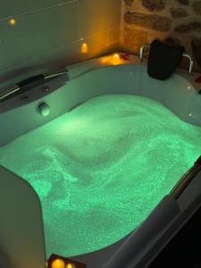 a green bath tub filled with green water at La casita de los Arribes in Fermoselle