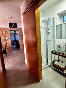 uma casa de banho com um chuveiro e uma porta de vidro em Casa da Fontiña em Tortoreos