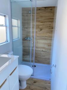 uma casa de banho com um WC e uma cabina de duche em vidro. em Holender Dębki em Dębki