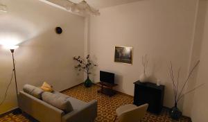 een woonkamer met een bank en een tv bij JONIA Appartamento vacanze vicino al mare con giardino in Pulsano