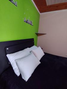 a green room with a bed with white pillows at Habitaciones con baño privada Quiroga in Bogotá