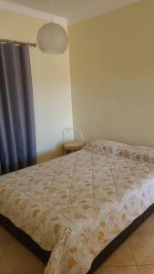 um quarto com uma cama e uma cortina azul em Stela ' s Guest House em Loulé