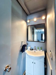 a bathroom with a sink and a mirror at The Villager Inn Princeton Motel in Princeton