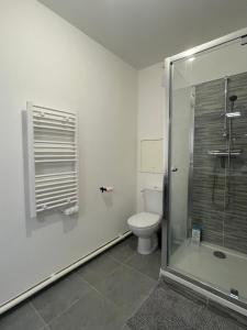 ein Badezimmer mit einem WC und einer Glasduschkabine in der Unterkunft Charmant appartement à 20 min de Paris centre in Bagneux