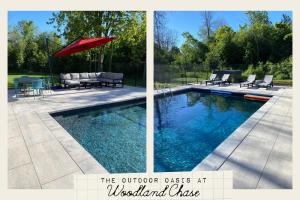 two pictures of a swimming pool with a red umbrella at Woodland Chase in Wellington