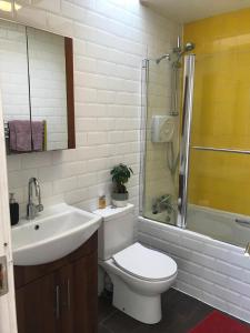 a bathroom with a toilet and a sink and a shower at Spacious 3 bed townhouse in Dublin 12 in Dublin