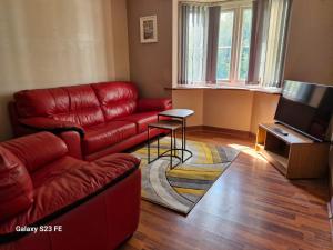 a living room with a red couch and a television at LanEnd House in Whiston