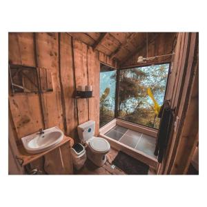 ein Bad mit einem Waschbecken, einem WC und einem Fenster in der Unterkunft Cabaña Alas de Sable Providencia in Providencia