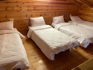 three beds in a room with wooden walls at Pnina BaMarom in Sifsufa